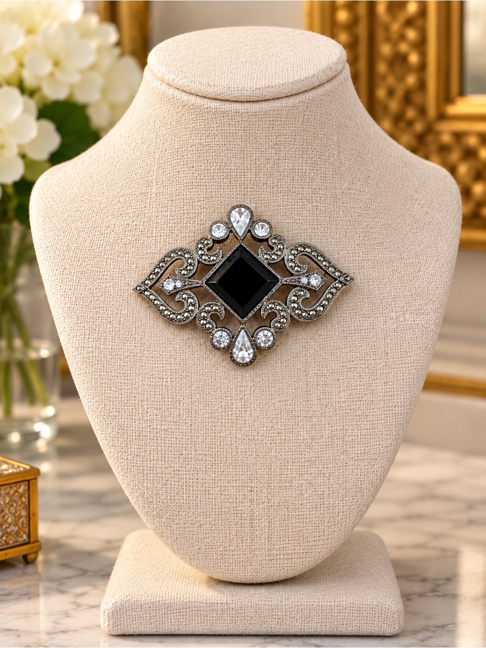 VTG Monet Art Deco Black Glass Marcasite Rhinestone Brooch Pin Gothic Glam EUC